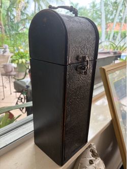 Wine or liquor bottle, carrier, brass and wood lightweight with hinge, opening top and carrying handle