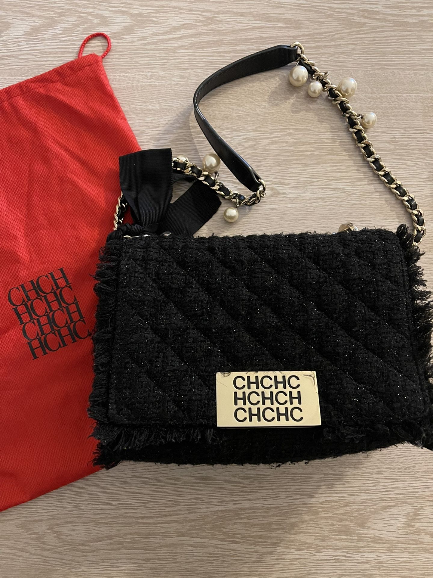 CH Carolina Herrera Black Tweed Pearl Shoulder Bag Purse