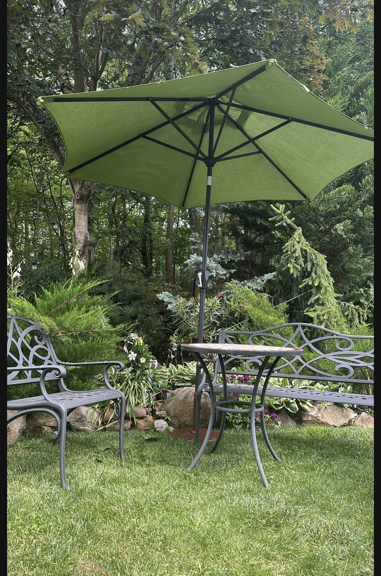 Patio 6 Items Set - Bench, Chair, Table , Umbrella, Base Plus Covers