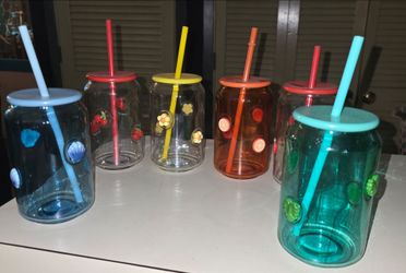6 cute fruit, flower and cherry glass w/ tray and straw NEW