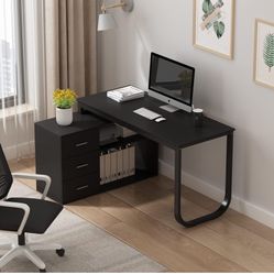NEW-Office Computer Desk Corner Desk with 3 Drawers and 2 Shelves, 55 Inch Large L-Shaped Study Writing Table with Storage Cabinet - Black