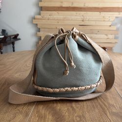 CP3 Vintage Mint Green Canvas Tan Leather trim Strap String Closure Bucket Bag