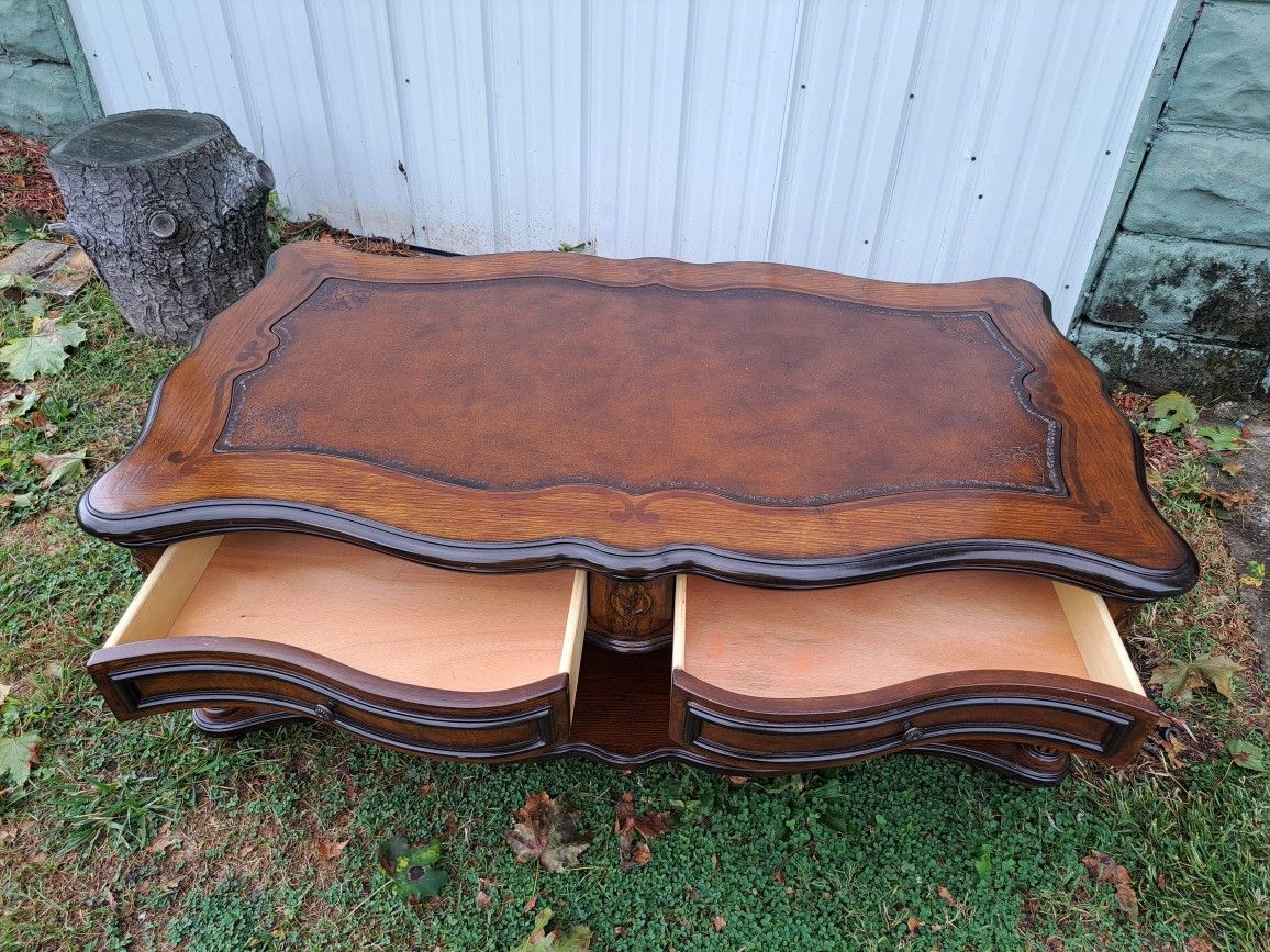 Executive Leather Top Coffee Table with Push Through Drawers