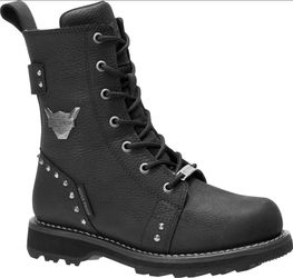 Harley-Davidson Black Leather Studded Moto Boot, Women, Size 8 ½