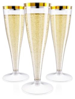 100 Count Plastic Champagne Flutes 4.5 oz Gold Rim Clear Disposable Toasting Glasses