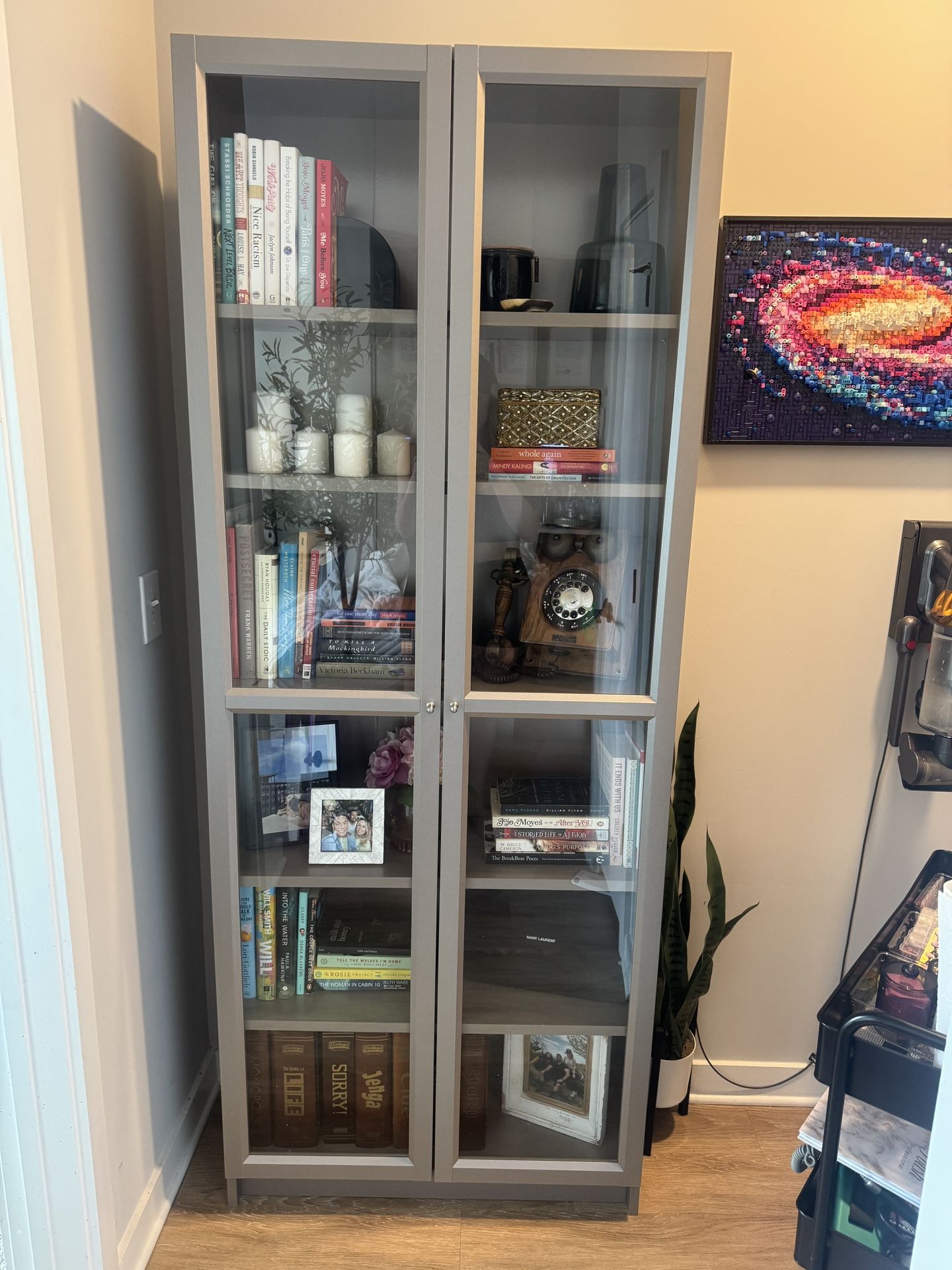 IKEA BILLY Bookcase with Glass Doors – Silver/Taupe – $100 (Retail $199)