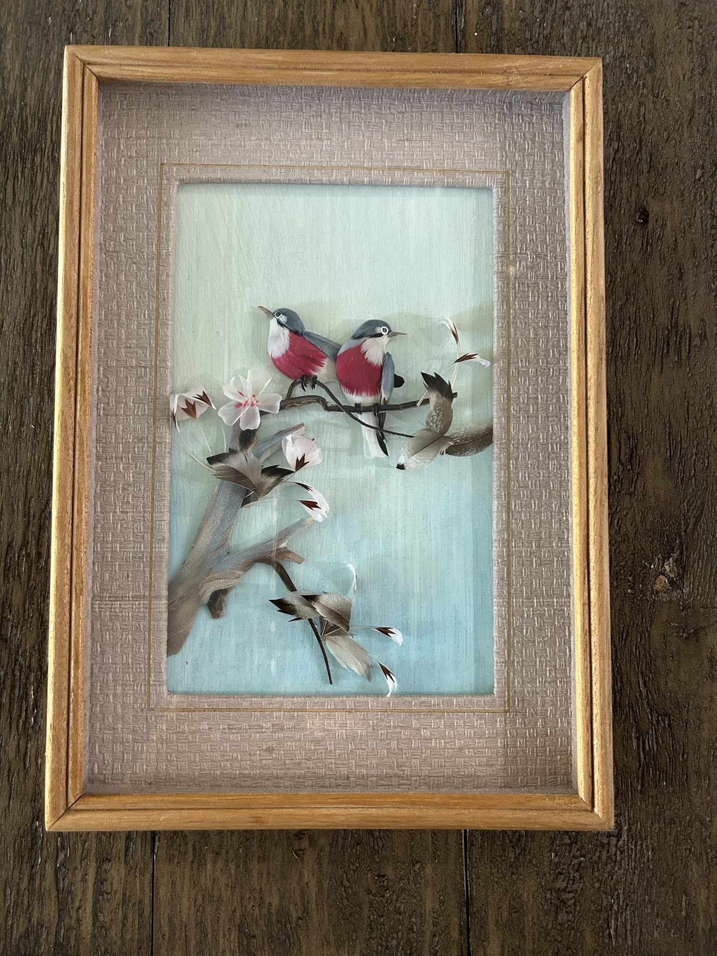 Vintage Two Birds Feather on Tree Art 3D Shadow Box Framed Picture 7.5 x 10.5"