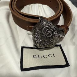 Gucci Feline Antique Silver Buckle Belt 