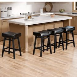 24'' Backless Faux Leather Upholstered Saddle Stool Chair Set of 4. Black