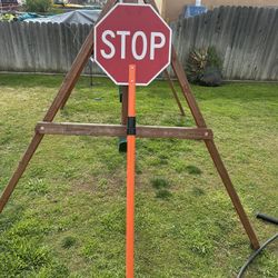 Stop And Slow Flagging Sign And Pole