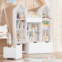 Toy Storage Organizer with Castle Roof, Large Kids Bookshelf Dollhouse with 3 Movable Drawers and 9 Storage Cubbies, Toy Organizers with 3-Tier Book R