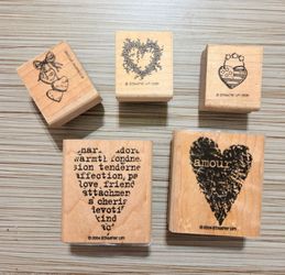 Stampin Up Heart Wood Rubber Stamp Lot Amour Love Typographic 4pc Set Vintage