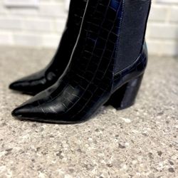 Black Booties - Pointed Toe Mid Block Heel Crocodile Pattern 