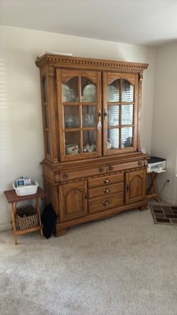 Solid oak hutch & dinnerware
