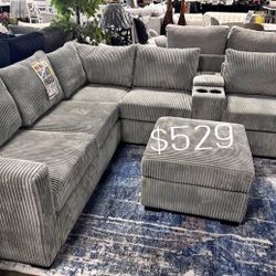 ✅ On Sale $499 No Tax 4-pc Sectional Sofa With Ottoman Wide-welt Corduroy 