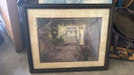 Painting sunlit garden courtyard walkway