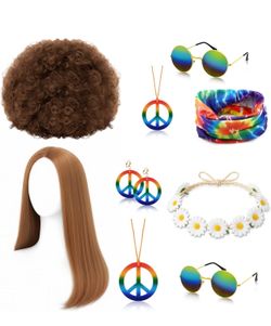 60s 70s Party Hippie Costume Accessories Set Peace Sign Wigs Sunglasess