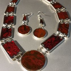 Red Enamel Earring and Necklace