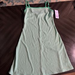 Green & White Patterned Spaghetti Strap Mini Dress