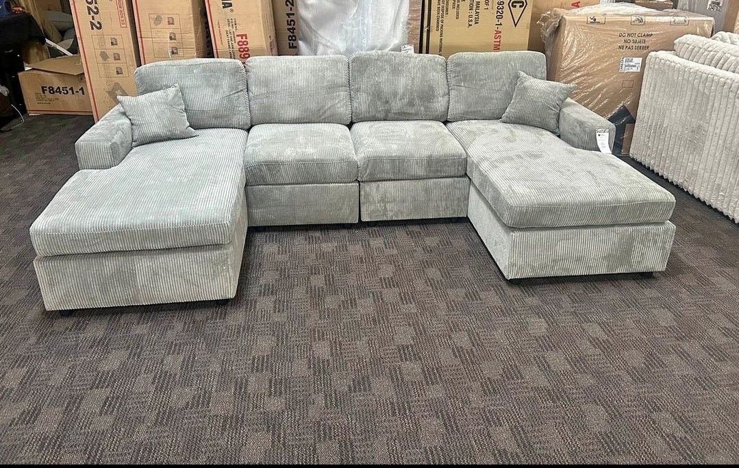 DOUBLE CHAISE CORDUROY GREY BRAND NEW SECTIONAL SAME DAY DELIVERY