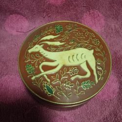 Vintage Brass Cloisonne Lidded Trinket Box With A Deer Motif For Sale.