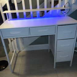 White Computer Desk With Led And Outlets