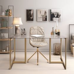 Homy Casa SLIP GLASS GOLD LEG 55.1" Dining Table  for Dining and Workspace Open Box