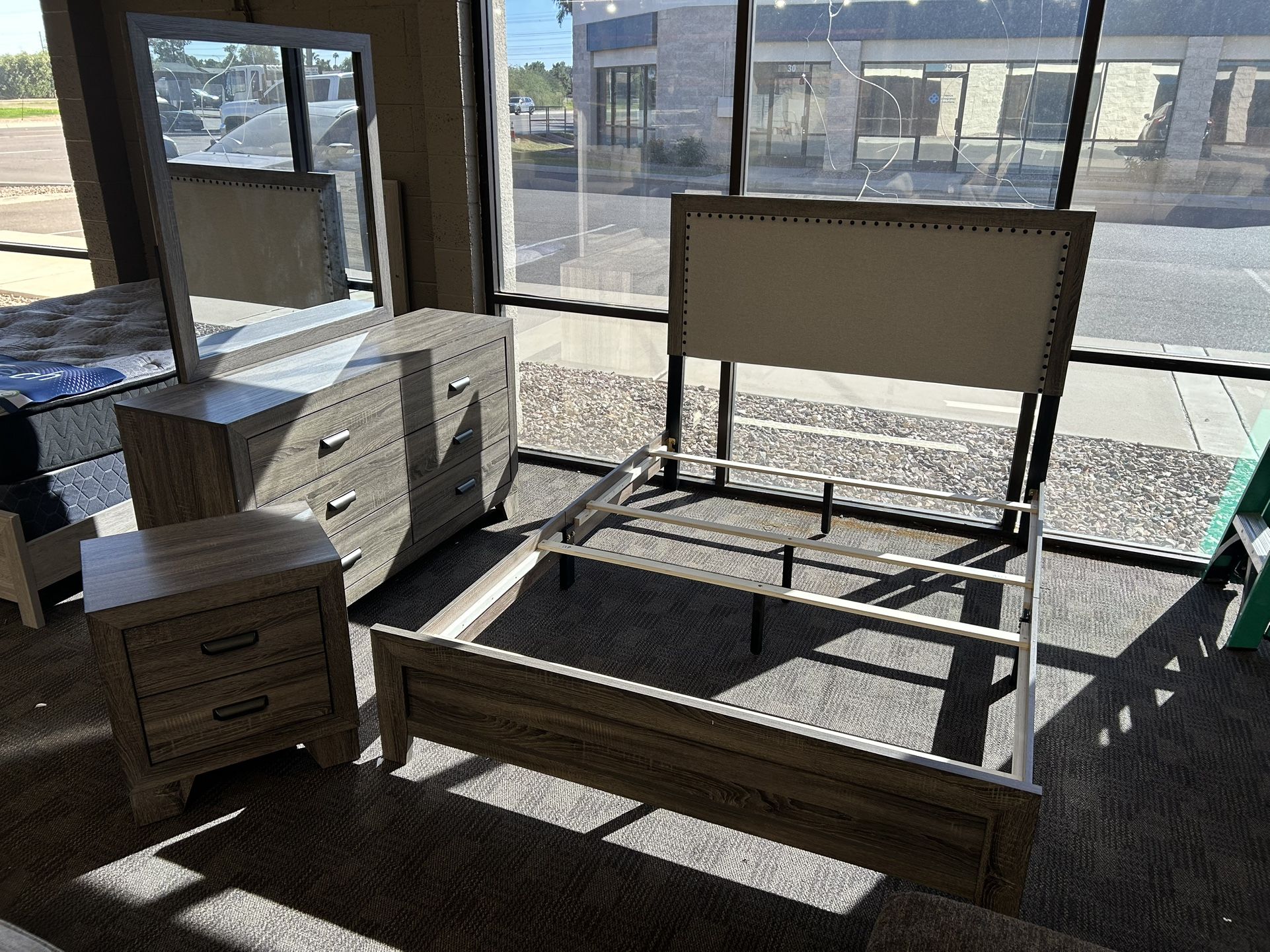 Rustic gray oak queen bedroom set (twin full king and Cali king available!!)