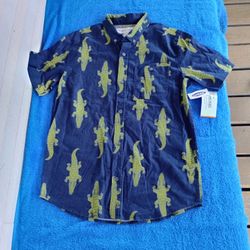 NEW Old Navy Navy Blue Alligator Print Button Up Short Sleeve Shirt XLarge 14-16