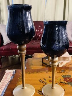 Rare Navy And Antique Gold Candle Holder Set