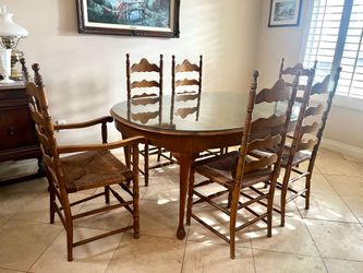 Vintage Cushman Colonial Solid Wood Dining Set – 6 Chairs + Leaf Extension + Glass Top