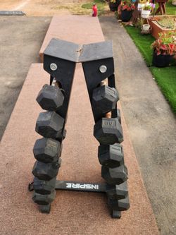 Inspire Dumbbell Rack with Rubber Hex Dumbbells – $200