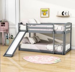 Gray Wood Twin Bunk Bed with Slide and Ladder