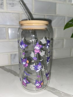Halloween Kuromi Designed Glass Cup w/ Straw