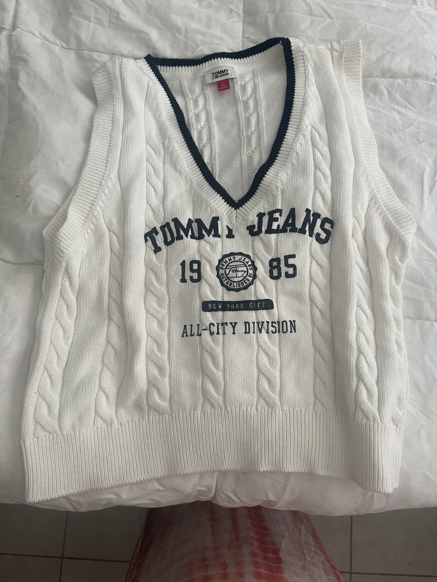Tommy Jeans White Blue V-Neck Pullover Sweater Vest Women's XL
