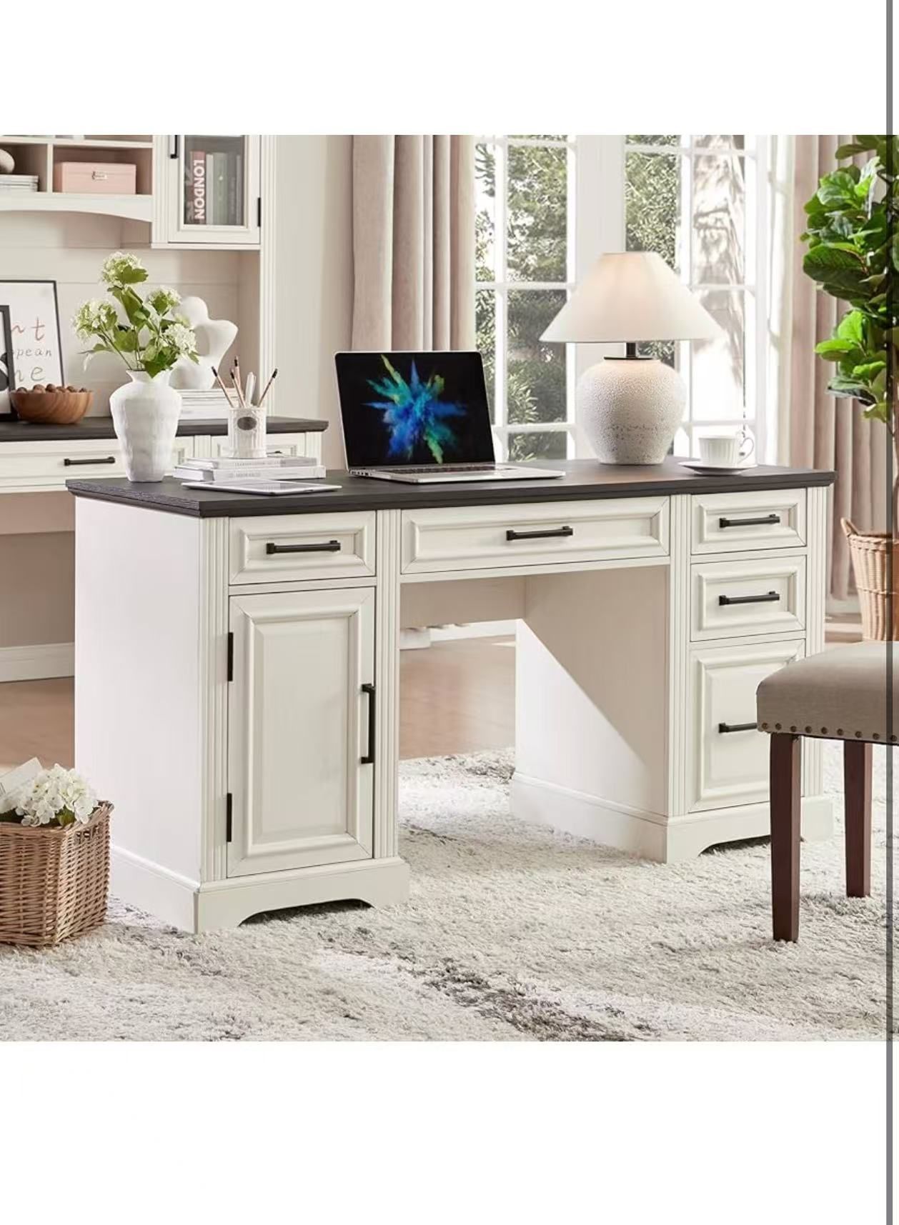 58" Executive Desk, Farmhouse Computer Desk with Drawers and Cabinet $150