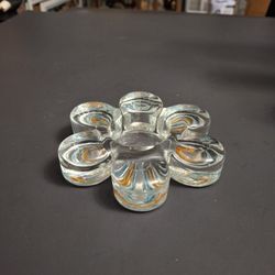 Beautiful Fused Glass Daisy Flower Votive Or Tealight Holder In Butterscotch & Blue Swirls 4.5"W