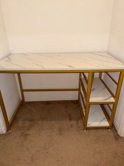 Gold Frame Desk with Marble-Top and Side Shelves