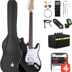 Donner DST-100B 39 Inch Electric Guitar Beginner Kit Solid Body Full Size Black HSS for Starter, with Amplifier, Bag, Digital Tuner, Capo, Strap, Stri