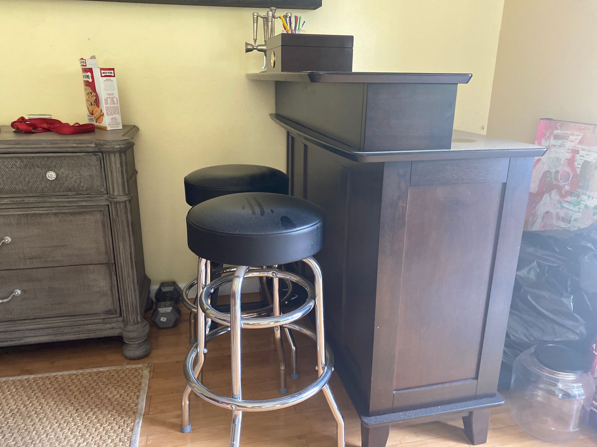 Wet bar with stools, storage and serving devices