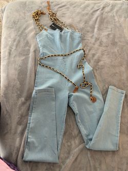 Light Wash Denim Jumpsuit with Gold Chain