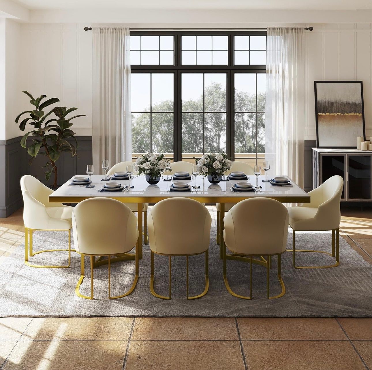 White Rectangular Faux Marble Dining Table Golden Leg with Dining