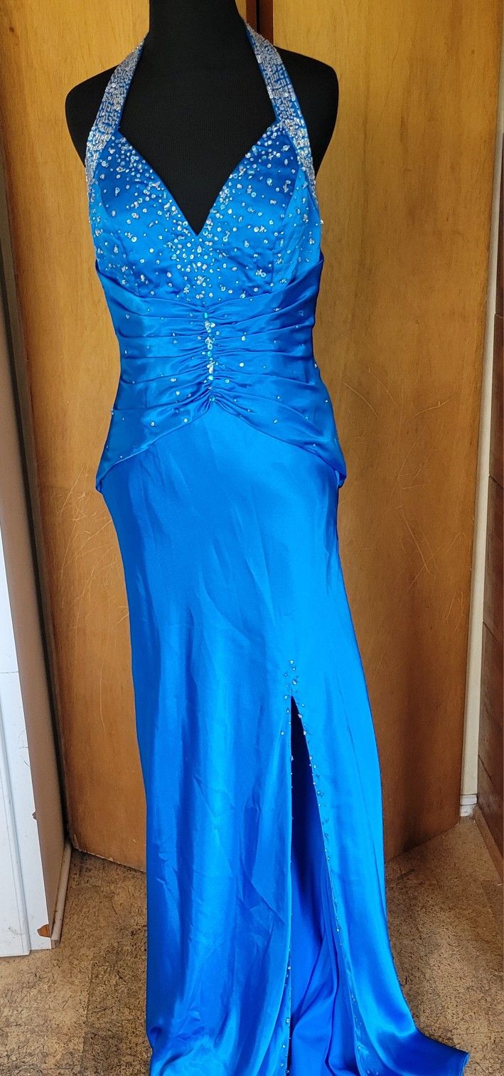 Vintage Mori Lee by Madeline Gardner Blue Halter Neck Prom Dress Beaded Sz 7/8