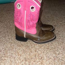 LAREDO toddler Kid's Mahaska Western Boots - Tan/Pink size 12m. Faux Leather is peeling on brown part of boot see pics