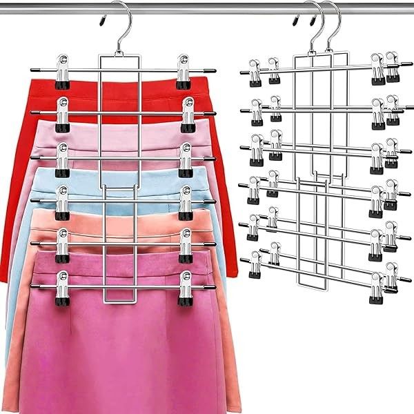 Pants Hangers with Clips,Space Saving Hanging Closet Organizer-6 Tiers Skirt Hangers with 360° Swivel Hook,Closet Organizer-Clothes Hangers- College D