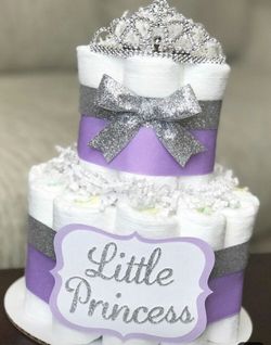 Purple and silver diaper cake great for baby showers