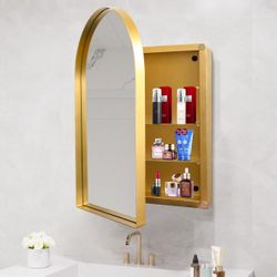 24X36 Inch Arched Recessed Medicine Cabinet, Metal Framed Bathroom Wall Cabinet With Mirror And Adju