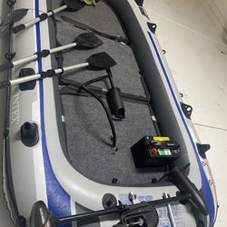 INTEX 12 ft. Inflatable 5-Person Fishing Boat, Trolling Motor,Boat Motor Mount Kit, battery, flooring & 3 kayak paddles