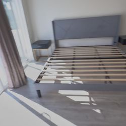 Grey king bed frame & 2 Black And Gold Nightstands With Dresser 