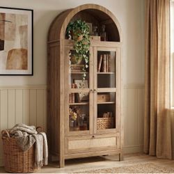 71'' Arched Pantry Cabinet with Glass Door for Kitchen Dining Room Arch Storage Cabinet, Versatile Cupboard with Innovative Drawer and Anti-Tip Device